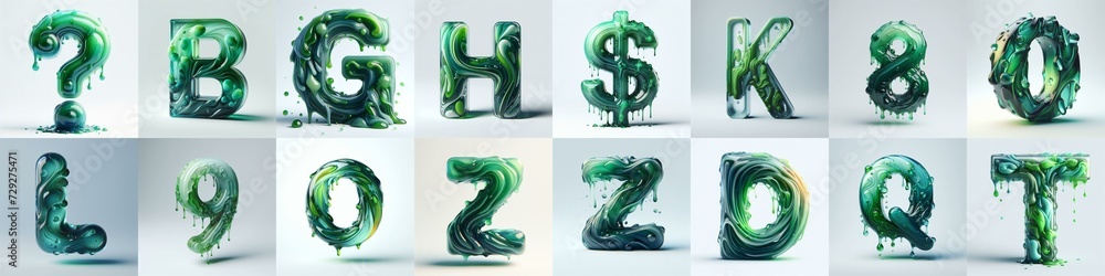 Green glass 3D Lettering Typeface. AI generated illustration