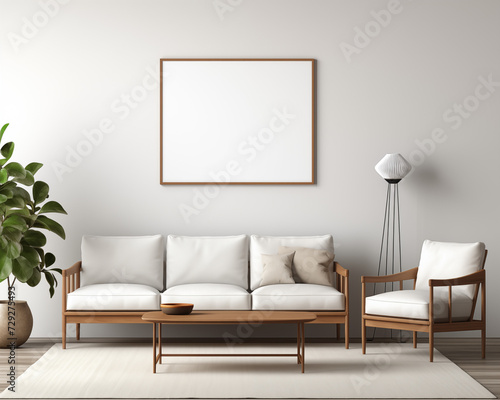 Stylish Furniture Mockup in 3D Room with Empty Frame © thecreativesupplies