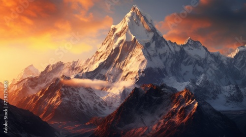The tranquility of a mountain sunrise, casting warm hues over jagged peaks and creating a stunning vista. Generative AI