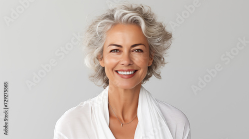  Portrait of beautiful mature woman. Smiling senior woman. Portrait of senior woman on white background. Woman looking at camera. 
