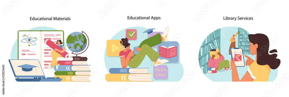 Learning essentials set. Different people using educational materials, interactive applications for studying, and library services enhancing academic experiences. Flat vector illustration
