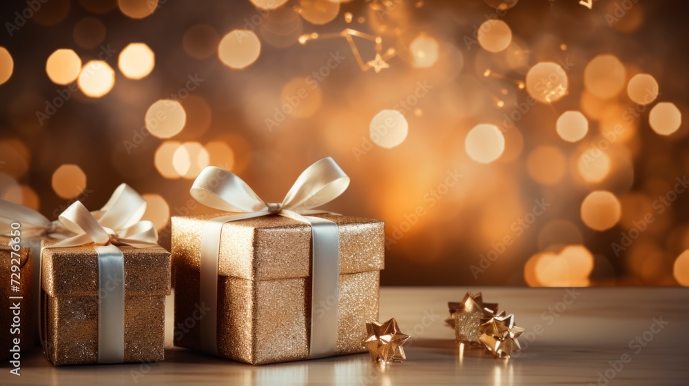 Ultra-realistic depiction of elegant white and gold Christmas presents arranged artfully on an empty table, surrounded by mesmerizing blurred bokeh lights. Shimmering holiday ambiance, refined gifting Ultra-realistic depiction of elegant white and gold Christmas presents arranged artfully on an empty table, surrounded by mesmerizing blurred bokeh lights. Shimmering holiday ambiance, refined gifting