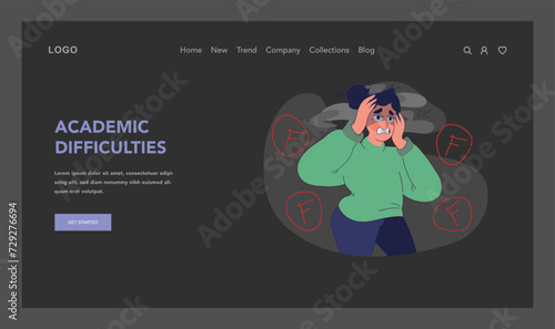 Academic difficulties concept. Distressed student overwhelmed by multiple failing grades, struggling with educational pressures. Challenges in learning process. Flat vector illustration