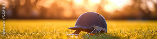 cricket helmet on the lush grass of a cricket field during golden hour,  the peaceful yet opulent essence of the sport, perfect for high-class sporting goods advertisements or luxury sports magazines.