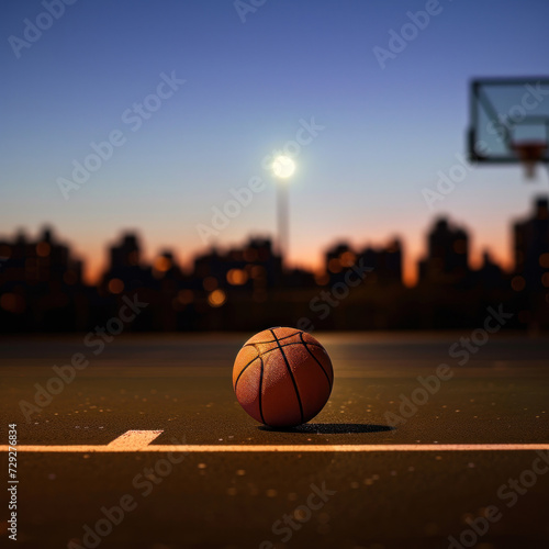 A basketball on an urban court against the fading sunset, the solitude of the sport in a serene city environment, for branding of  luxury sports equipment or in editorial pieces on urban recreation. © Ярослава Малашкевич