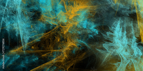 Plasma abstract shapes made of fractal textures of yellow and blue steam on a black background. Isolated black background. Misty fog effect. fume, vapor overlay. steam overlay.