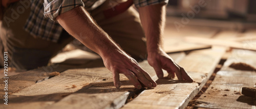 Artisan examines wooden planks with focus, hands-on in his woodworking studio