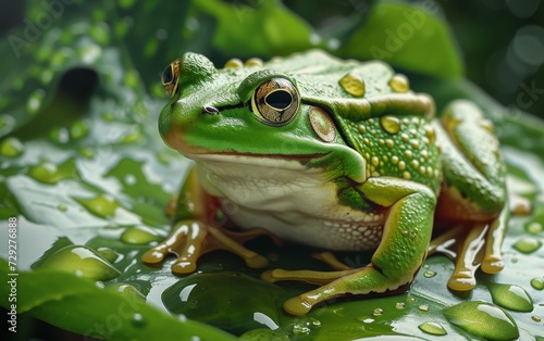 A close-up of a green and blue frog with distinctive orange eyes, sitting on a wet surface with water droplets visible, against a blurred background.