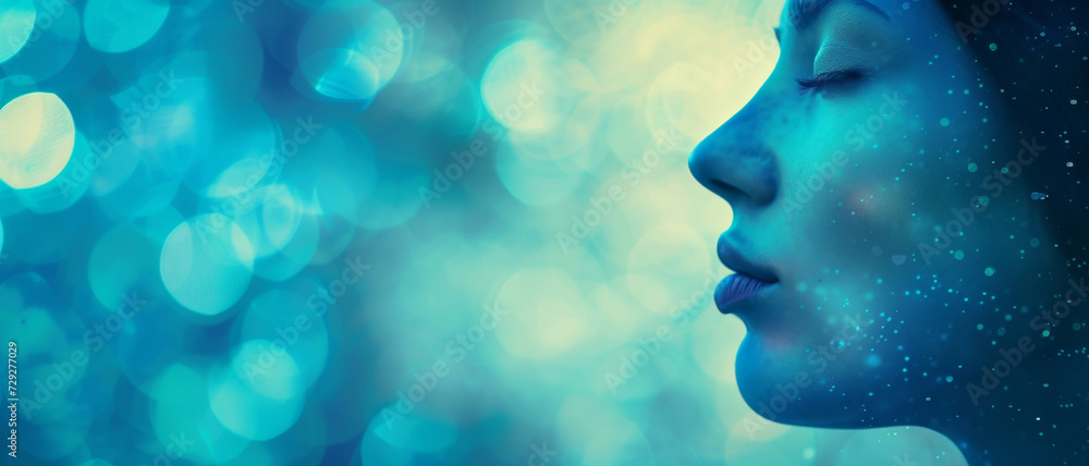 Woman's profile against a bokeh of lights, embodying serenity and the glow of inner peace Woman's profile against a bokeh of lights, embodying serenity and the glow of inner peace