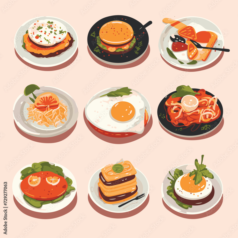 Vector illustrations of menu items like burgers, pizzas, sushi, and pasta to help design restaurant menus Vector illustrations of menu items like burgers, pizzas, sushi, and pasta to help design restaurant menus