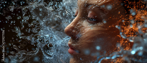 Surreal portrait of a woman's profile blending with water, symbolizing fluidity and change