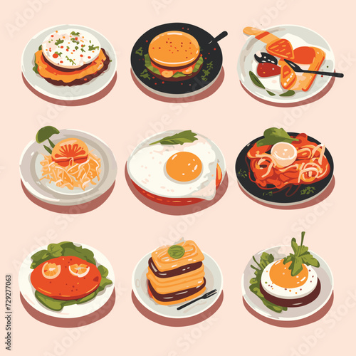 Vector illustrations of menu items like burgers, pizzas, sushi, and pasta to help design restaurant menus
