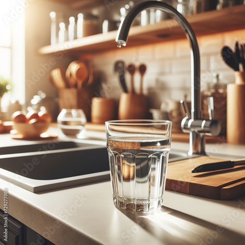 Glass of water stands on the countertop near the sink in the kitchen
