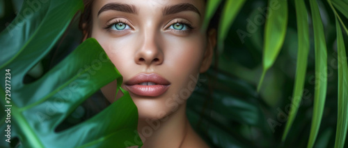 Stunning woman framed by lush green leaves, her gaze piercing through nature's veil