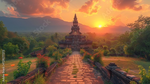 Ancient Temple in a Tranquil Setting, a serene shot of an ancient temple nestled in a peaceful landscape, showcasing the timeless beauty of architectural heritage.