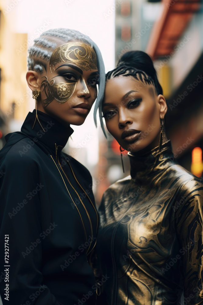 Two black women with gold face art, embodying urban avant-garde and fashion-forward expression. Two black women with gold face art, embodying urban avant-garde and fashion-forward expression.