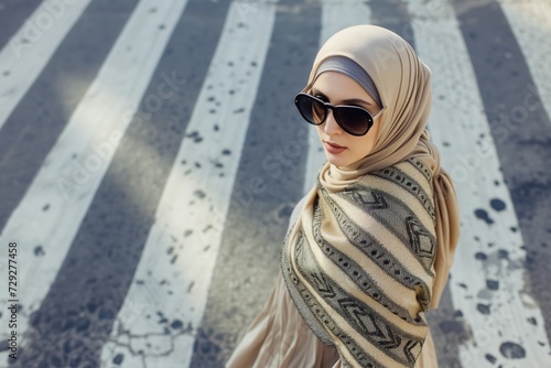 fashionable woman in hijab and sunglasses striding across a zebra crossing
