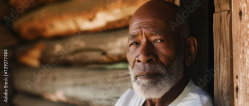 Elderly man with a seasoned gaze rests by a wooden cabin, embodying wisdom and life stories