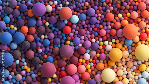 Vector 3d background with huge pile of colored big and small random spheres. Colorful matte soft balls in bright summer tones and different sizes. Top view of lots different colored orbs or bubbles