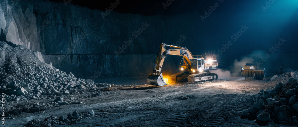Heavy machinery operates in a quarry under harsh lighting, showcasing industry's raw power Heavy machinery operates in a quarry under harsh lighting, showcasing industry's raw power