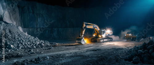 Heavy machinery operates in a quarry under harsh lighting, showcasing industry's raw power photo