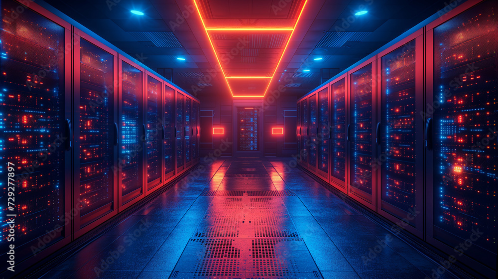 The radiance of data security: server room with racks illuminating the way The radiance of data security: server room with racks illuminating the way