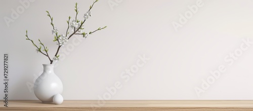 White background ceramic vase with a flower placed on the cabinet.