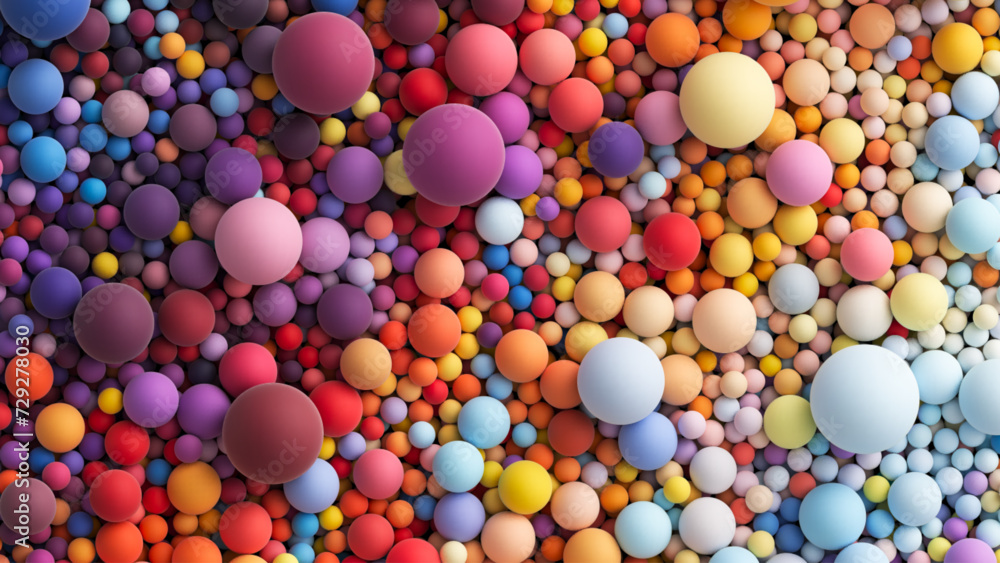 Colorful matte soft balls in bright summer tones and different sizes. Vector 3d background with many chaotic colored big and small spheres. Flat lay with lots of different colored orbs or bubbles Colorful matte soft balls in bright summer tones and different sizes. Vector 3d background with many chaotic colored big and small spheres. Flat lay with lots of different colored orbs or bubbles