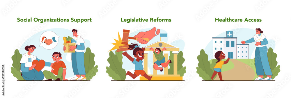 Child labor solutions set. Social support, legislative change, and healthcare access to combat child labor. Fight for kids rights, freedom and happy childhood. Flat vector illustration