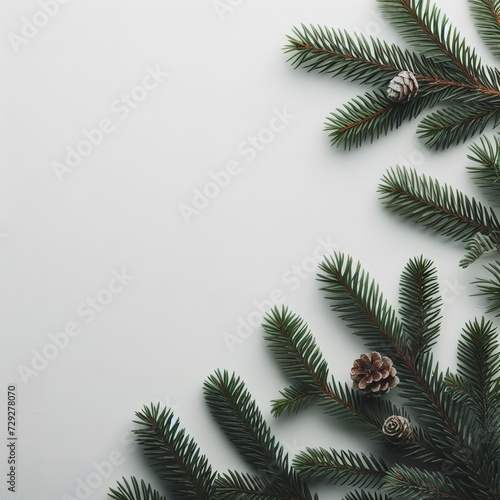 Spruce twigs, empty space for text on a white background. Top view, flat lay