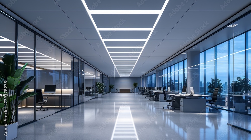 Well-lit office environment with rows of overhead LED bulbs, providing ample lighting for a focused and efficient workplace setting Generative AI Well-lit office environment with rows of overhead LED bulbs, providing ample lighting for a focused and efficient workplace setting Generative AI