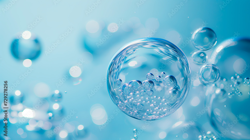Clear water bubbles against a serene blue bokeh background. Clear water bubbles against a serene blue bokeh background.