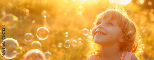 Young child smiling joyfully at dreamy floating soap bubbles during golden hour, bokeh effect. Concept of childhood and making memories.