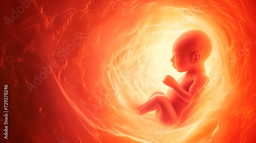 Fetus illustration in glowing womb, medical concept.
