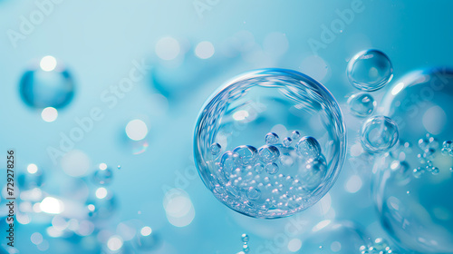 Clear water bubbles against a serene blue bokeh background.