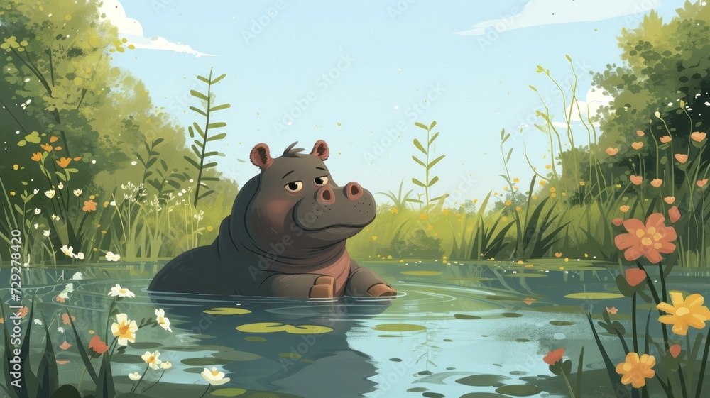 Cartoon influencer hippo hosting a spa day, demonstrating mud baths and ...