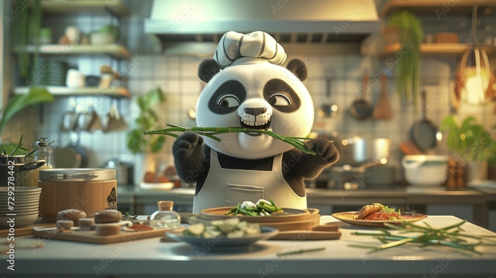 Animated panda influencer hosting a live cooking show with bamboo-inspired dishes in a modern kitchen.