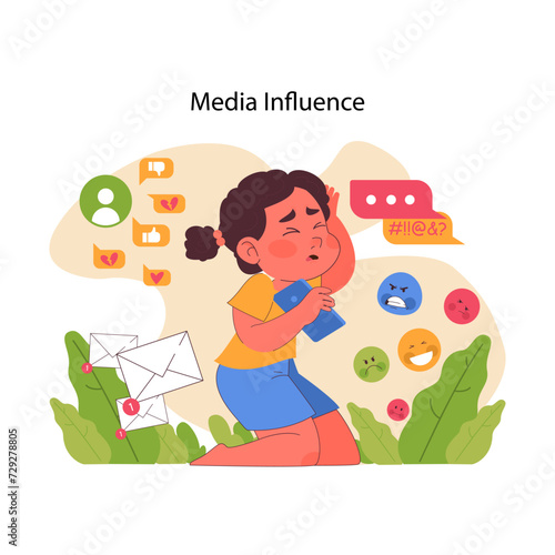 Media influence concept. Young girl overwhelmed by social notifications, emoticons, and messages, reflecting digital age challenges. Stressed by excessive online presence. Flat vector illustration