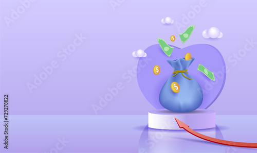 A bag of money on the podium. Banking, earnings, profits and money savings.
 It's time to make money.
3d vector illustration
