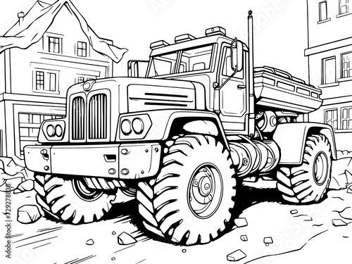 Construction machinery transport in the city. Coloring book or page for kids. Raster generative ai.