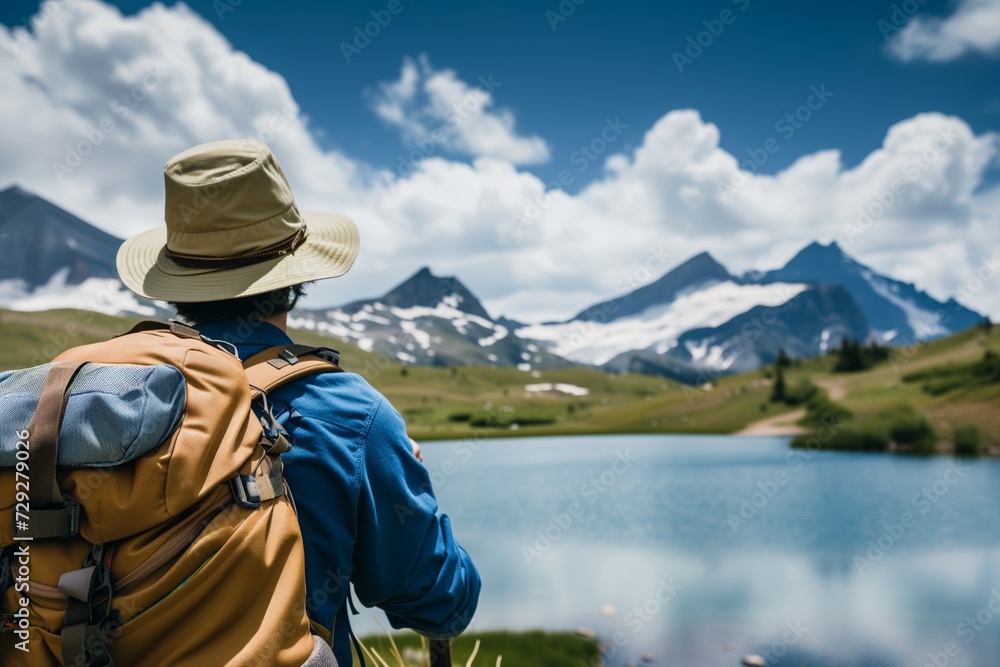 backpacker with a hat pausing to view a mountain lake backpacker with a hat pausing to view a mountain lake