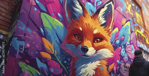 Cartoon fox art painting vibrant murals in an urban setting.