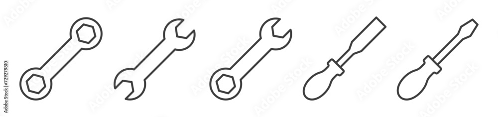 set of tools and Instrument line icon with editable stroke, Construction tool like file, wrench set of tools and Instrument line icon with editable stroke, Construction tool like file, wrench