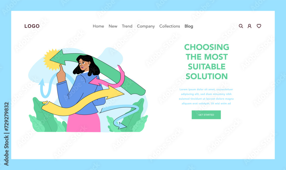 Choosing the most suitable solution concept. Confident woman selecting arrow with light amongst others. Clarity of picking best path. Confusion in decision making process. Flat vector illustration Choosing the most suitable solution concept. Confident woman selecting arrow with light amongst others. Clarity of picking best path. Confusion in decision making process. Flat vector illustration