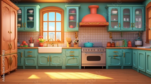 interior of a kitchen in 3D cartoon empty background