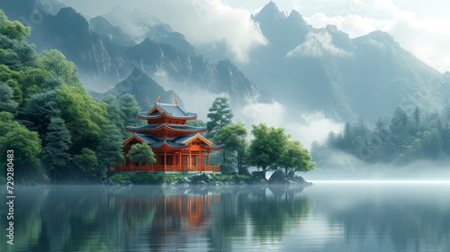 Ancient Temple in a Tranquil Setting, a serene shot of an ancient temple nestled in a peaceful landscape, showcasing the timeless beauty of architectural heritage. photo