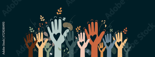 Raised hands. Volunteering, teamwork concert.