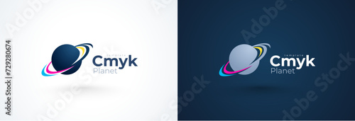 Logo Print Сmyk Polygraphy theme. Planet and rings. Template design vector.