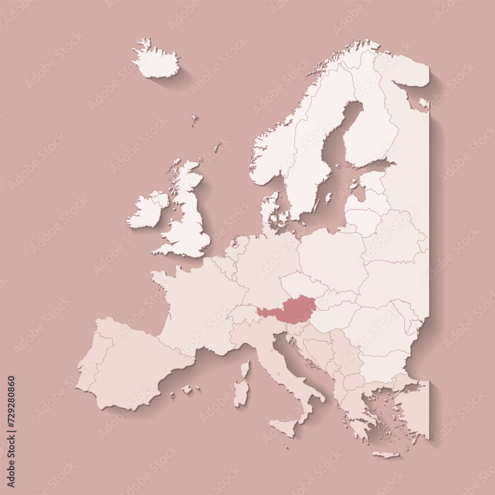 Obraz premium Vector illustration with european land with borders of states and marked country Austria. Political map in brown colors with western, south and etc regions. Beige background