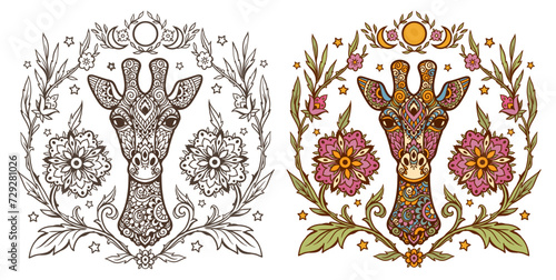 Giraffe mandala. Animal Vector illustration. Adult or kids coloring book page in Zen boho style. Antistress Peaceful drawing. Black and white